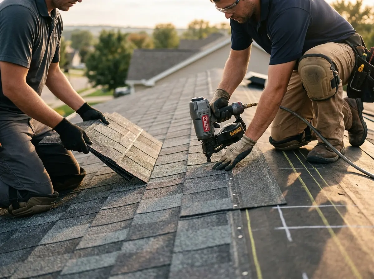 Professional roofer working on a residential roof in Newburyport